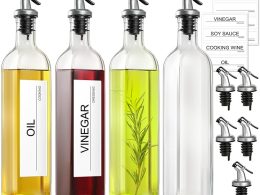 GMISUN Olive Oil Dispenser And Vinegar Bottle 4 Pack 17oz, For Kitchen, Glass Cooking Oil Container Cruet, Oil Pourer Spout, Funnel And Labels, Clear
