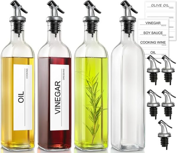 GMISUN Olive Oil Dispenser And Vinegar Bottle 4 Pack 17oz, For Kitchen, Glass Cooking Oil Container Cruet, Oil Pourer Spout, Funnel And Labels, Clear