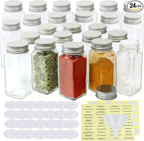 Simple Houseware Spice Jars 4 Ounce Square Bottles w/labels, 24 Packs