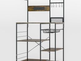 Kitchen Baking Rack with Power Outlet, 4-Tier Microwave Rack, 35.4" Coffee Bar with Wire Basket, Shelf with 5 S-Hooks, Metal Kitchen Shelves for Spices and Pots (Country Brown)