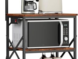 Furologee Kitchen Bakers Rack with Power Outlet, Microwave Oven Stand with Storage 4 Tiers, Coffee Bar Table with 6 S Hooks, Kitchen Storage Shelf Rack for Spices, Pots, Rustic Brown