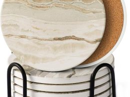 LlFVER Coasters Set of 8, Absorbent Drink Coasters with Holder, Marble Style Ceramic Stone Coasters for Drinks Coffee Tabletop Protection, Modern Furniture Coasters for Home Decor House Warming Gifts
