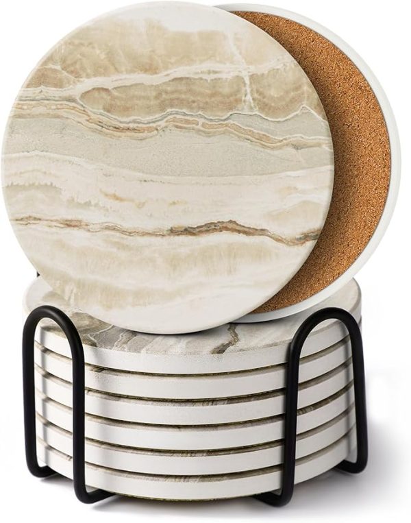 LlFVER Coasters Set of 8, Absorbent Drink Coasters with Holder, Marble Style Ceramic Stone Coasters for Drinks Coffee Tabletop Protection, Modern Furniture Coasters for Home Decor House Warming Gifts
