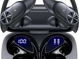 PocBuds Bluetooth Headphones Wireless Earbuds 80hrs Playtime Wireless Charging Case Digital Display Sports Ear Buds with Earhook Deep Bass IPX7 Waterproof Over-Ear Earphones for TV Phone Laptop Black