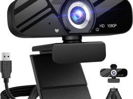 Full HD Webcam with Built-in Microphone and Rotatable Tripod, 1080P Video and Wide Angle Camera, Privacy Cover, for Desktop PC or Laptop Computer