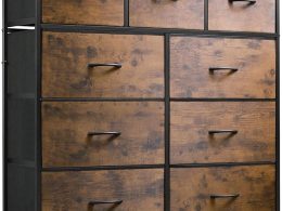 WLIVE 9-Drawer Dresser, Fabric Storage Tower for Bedroom, Hallway, Entryway, Closet, Tall Chest Organizer Unit with Fabric Bins, Steel Frame, Wood Top, Easy Pull Handle, Rustic Brown Wood Grain Print