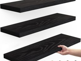 BAYKA Floating Shelves for Wall, Wall Mounted Rustic Wood Shelves for Bathroom, Bedroom, Living Room, Kitchen, Hanging Shelf for Books/Storage/Room Decor with 22lbs Capacity (Black, Set of 3, 15.7in)