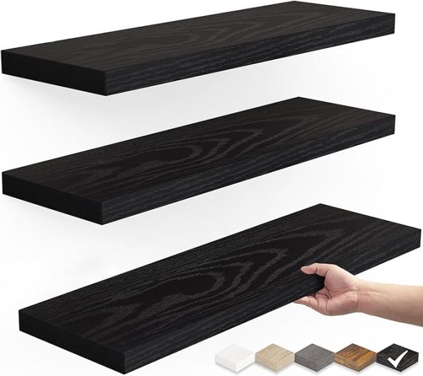 BAYKA Floating Shelves for Wall, Wall Mounted Rustic Wood Shelves for Bathroom, Bedroom, Living Room, Kitchen, Hanging Shelf for Books/Storage/Room Decor with 22lbs Capacity (Black, Set of 3, 15.7in)