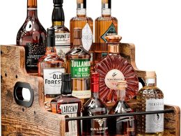 KLM Liquor Bottle Display Shelf, Coffee Syrup Rack Organizer, 3 Step Countertop Liquor Wine Rack, mini bar,liquor cabinet, Home Retro Bar Shelf Stand for Liquor Whiskey, Spirits, Brown, GL-06