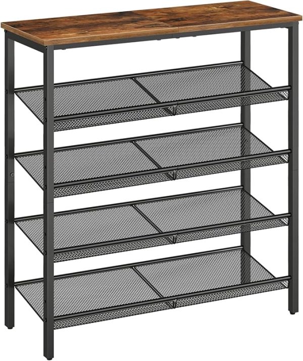 HOOBRO Shoe Rack for Entryway, 5-Tier Shoe Organizer with Adjustable Mesh Shelves, 16-20 Pairs of Shoes, Spacious Floor Mount, Metal, Industrial, Shoe Shelf for Closet, Rustic Brown BF12XJ01