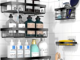 Moforoco Adhesive Shower Caddy Organizer Shelves Rack - 5 Pack Corner Bathroom Storage Organization, Home & Kitchen Decor Inside RV Accessories, Hanging First Apartment Household Camper Essentials