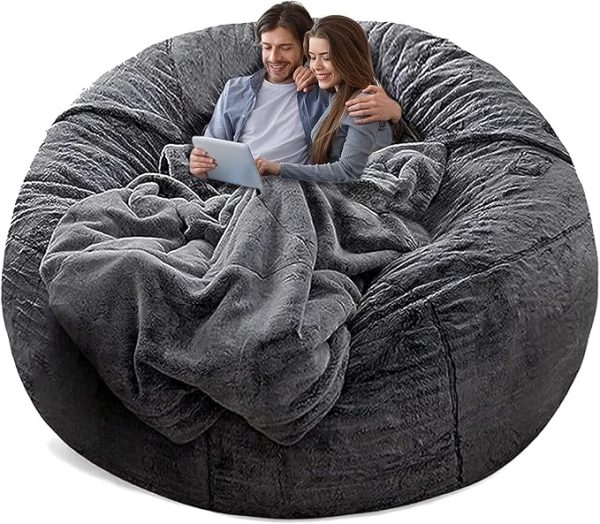 Bean Bag Chair Cover Without Filler,Big Round Soft Fluffy PV Velvet Washable Bean Bag Lazy Sofa Bed Cover for Adults,Living Room Bedroom Furniture Outside,5ft Dark Grey(No Filler)