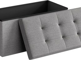 SONGMICS MAZIE Collection - 30 Inches Folding Storage Ottoman Bench, Ottoman Foot Rest, End of Bed Bench, Storage Chest, Load 660 lb, for Living Room, Bedroom, Entryway, Light Gray ULSF47G
