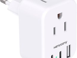 European Travel Plug Adapter USB C, HANYCONY International Plug Adapter, US to Europe Adapter Plug 2 Outlets 3 USB Ports(2 C Port), Type C Power Adapter to Italy Spain France Portugal Iceland Germany