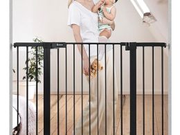 COMOMY 36" Extra Tall Baby Gate for Stairs and Doorways - Fits 29.5" to 48.8" Wide Openings, Auto Close Extra Wide Dog Gate for House, Pressure Mounted Easy Walk Through Pet With Door, Black
