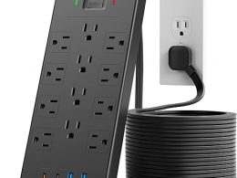 Flat Plug Power Strip 10Ft Long Extension Cord, LeZone 4800J Surge Protector, 12 Outlets 2 USB C 2 USB Ports, Wall Mountable, PD20W Desk Charging Station, Black