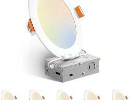 Amico 6 Pack 6 Inch 5CCT Ultra-Thin LED Recessed Ceiling Light with Junction Box, 2700K/3000K/3500K/4000K/5000K Selectable, 12W Eqv 110W 1050LM Brightness Dimmable Canless Wafer Downlight, ETL & FCC