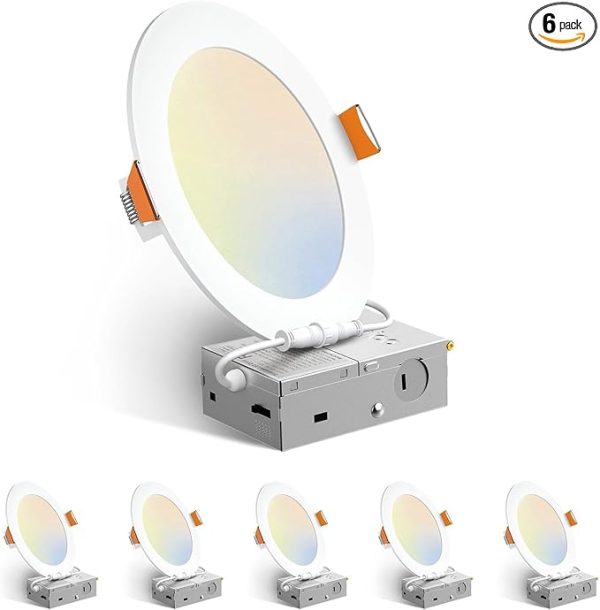 Amico 6 Pack 6 Inch 5CCT Ultra-Thin LED Recessed Ceiling Light with Junction Box, 2700K/3000K/3500K/4000K/5000K Selectable, 12W Eqv 110W 1050LM Brightness Dimmable Canless Wafer Downlight, ETL & FCC